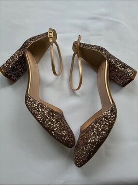 kate spade Rose Gold Glitter Ankle-Strap Block Heels